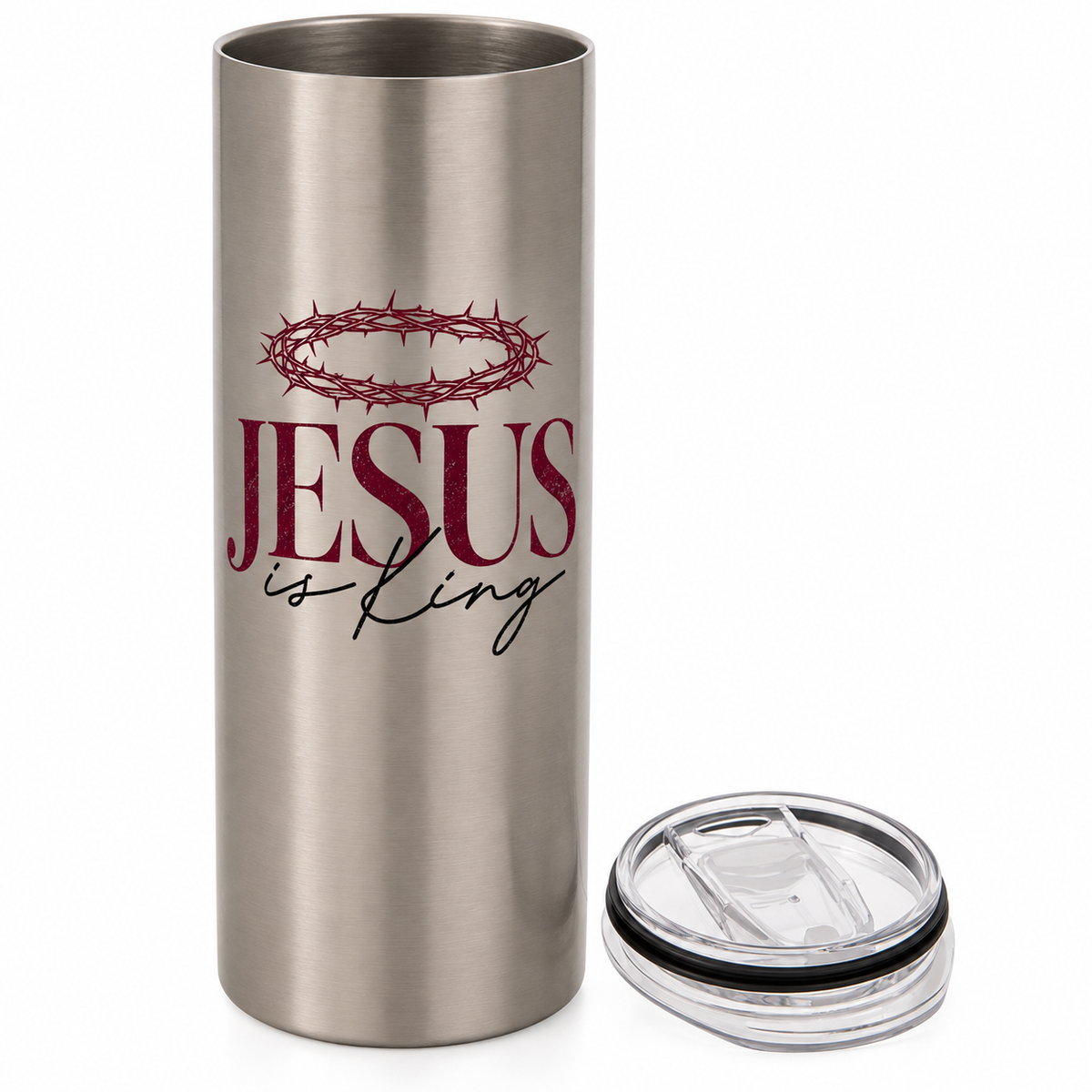 Brushed stainless steel tumbler with a burgundy crown of thorns above JESUS lettering and black is King script, with a clear sliding lid beside it.