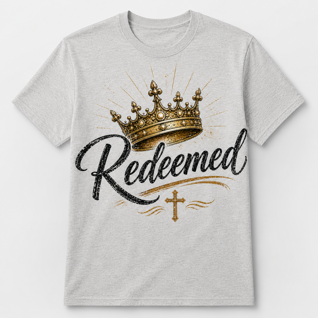A light heather gray crewneck t-shirt featuring a graphic print of a gold crown, the word 'Redeemed' in black glitter-style script, and a small gold cross below, displayed on a clean white background.