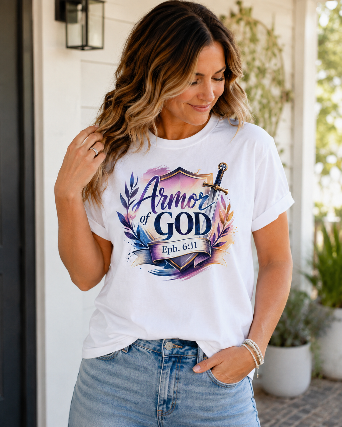 Armor of God Feminine Shield women’s Christian T-shirt available in blue and white, inspired by Ephesians 6 and the full armor of God.