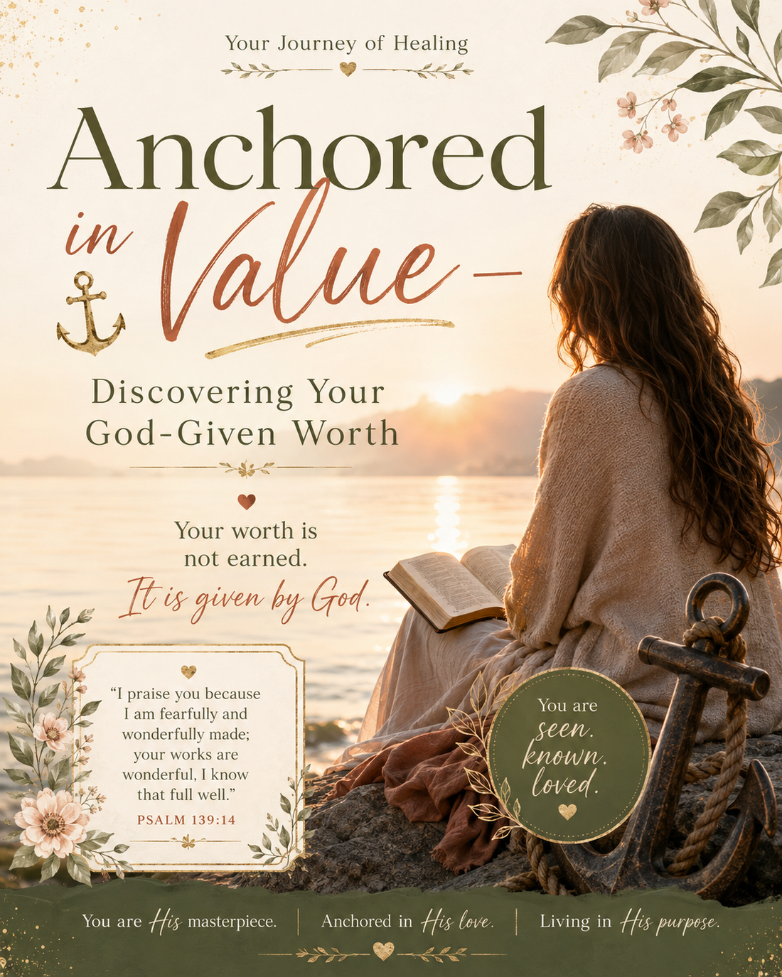 Woman reading an open Bible beside the water at sunset with an anchor nearby, symbolizing God-given worth, identity, and being anchored in God’s love.