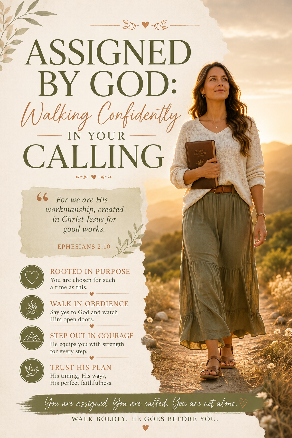 Woman holding a Bible while walking along a sunlit path, illustrating Ephesians 2:10 and walking confidently in God’s calling, purpose, and direction.