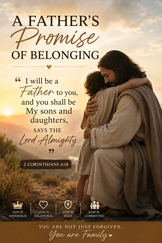 Jesus embracing a child, illustrating God’s fatherly love, belonging, welcome, and the promise of being received as His own.