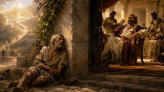 Biblical illustration representing Lazarus and the rich man from Luke 16, reflecting Jesus’ teaching about eternity, compassion, and eternal perspective.
