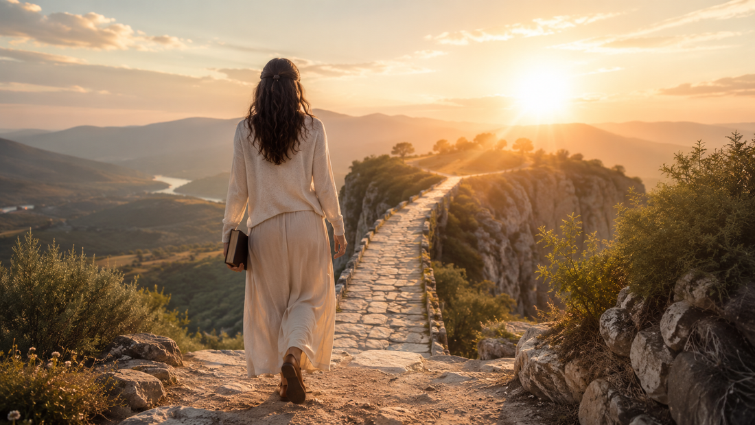 Woman holding a Bible and stepping onto a narrow path toward a sunrise, symbolizing faith, courage, and trusting God beyond your comfort zone.