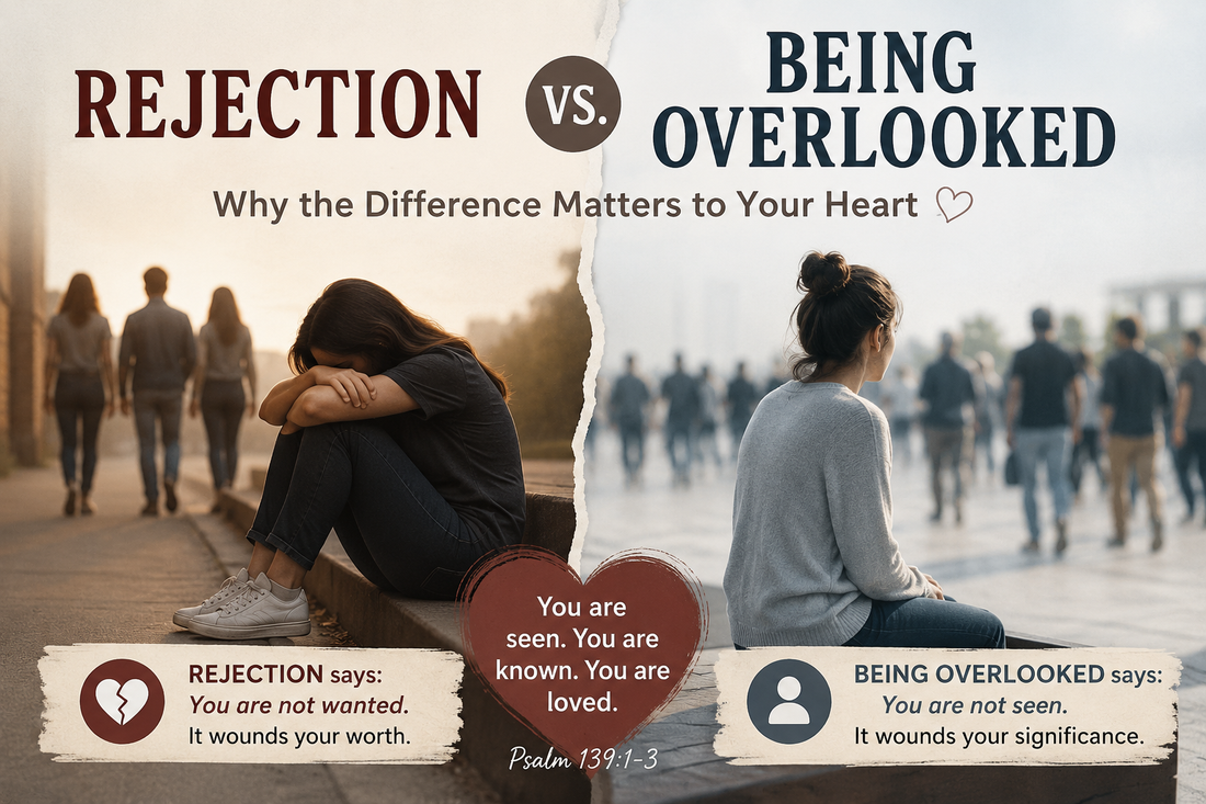 Split image showing one woman experiencing rejection and another feeling overlooked, illustrating the emotional difference between not feeling wanted and not feeling seen.