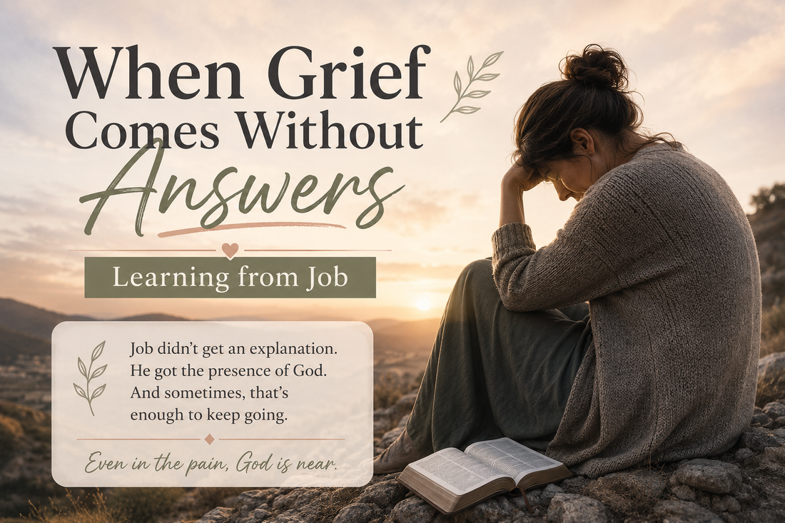 Woman grieving beside an open Bible at sunset, representing the Book of Job and trusting God when grief comes without answers.
