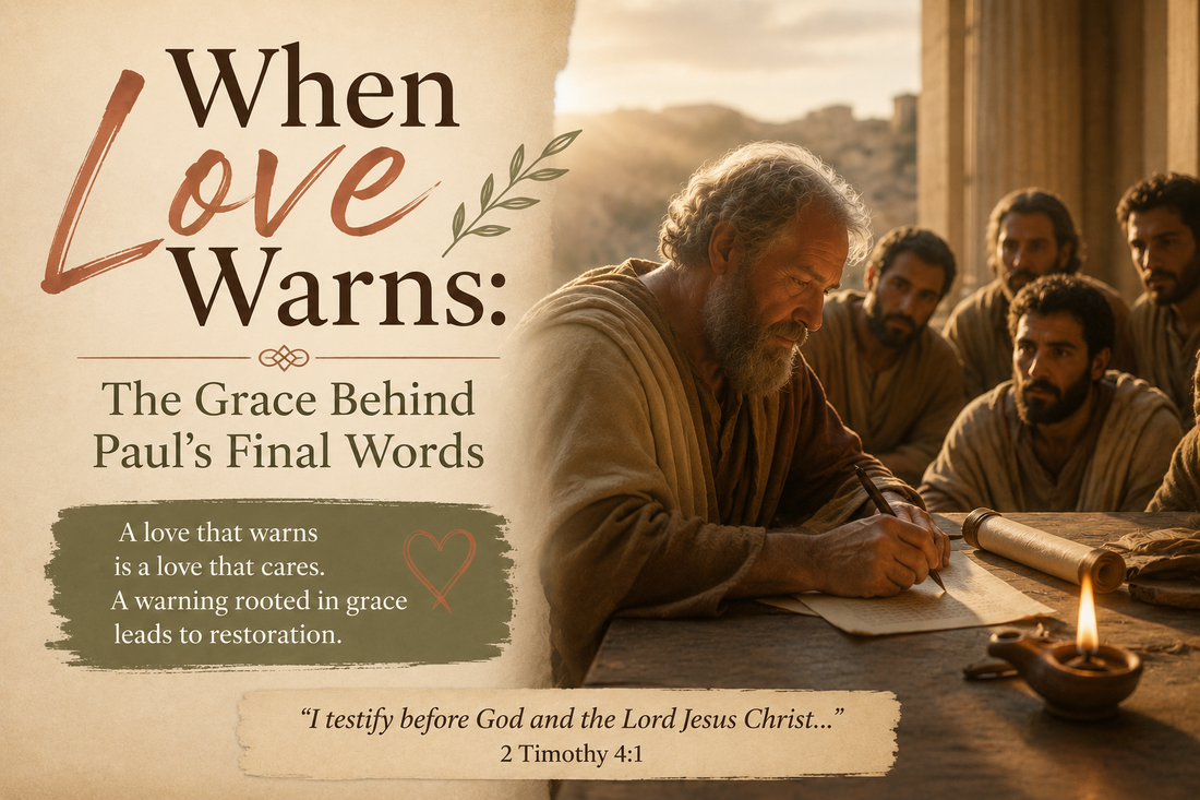 Apostle Paul writing his final words while believers listen nearby, illustrating biblical warning, grace, truth, and loving correction in 2 Timothy 4.