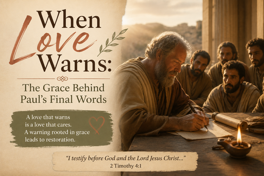 Apostle Paul writing his final words while believers listen nearby, illustrating biblical warning, grace, truth, and loving correction in 2 Timothy 4.