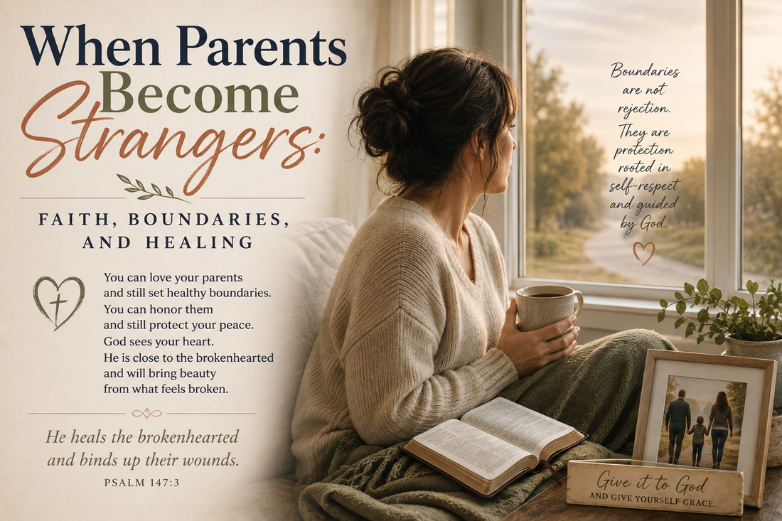Woman sitting by a window with an open Bible, reflecting on family pain, healthy boundaries, faith, and healing from a difficult relationship with her parents.