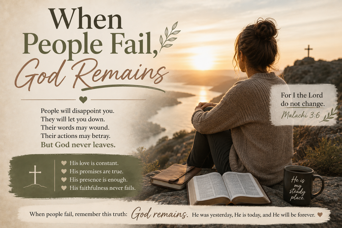 Woman sitting beside an open Bible at sunset with a cross in the distance, illustrating God’s faithfulness and steady presence when people disappoint or fail us.