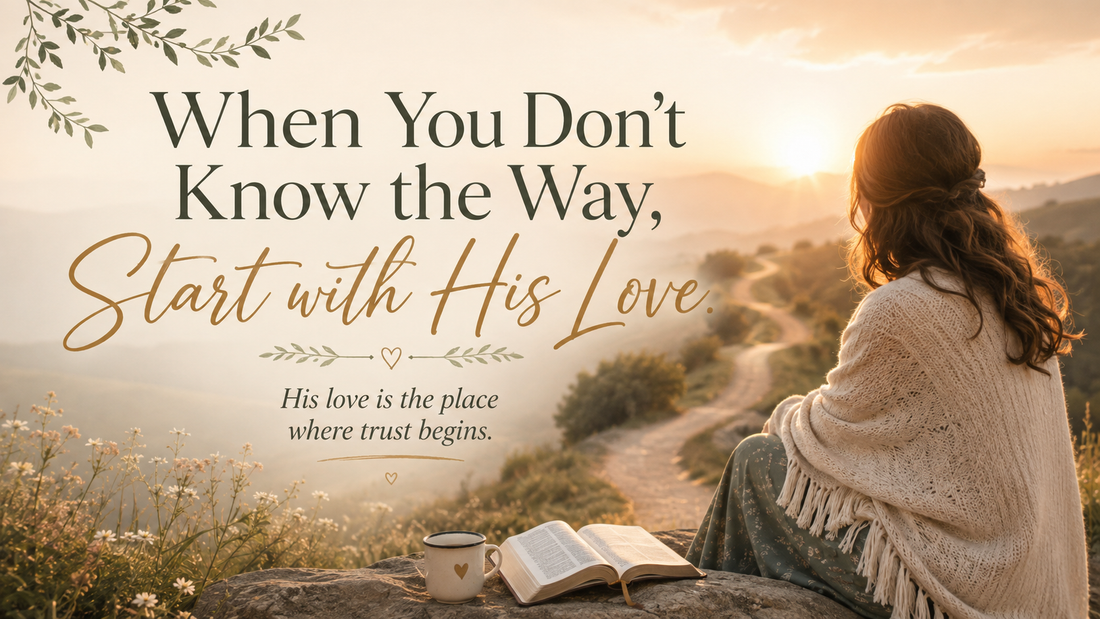 Woman sitting beside an open Bible overlooking a winding path at sunrise, symbolizing trusting God’s love for guidance when the way forward is unclear.