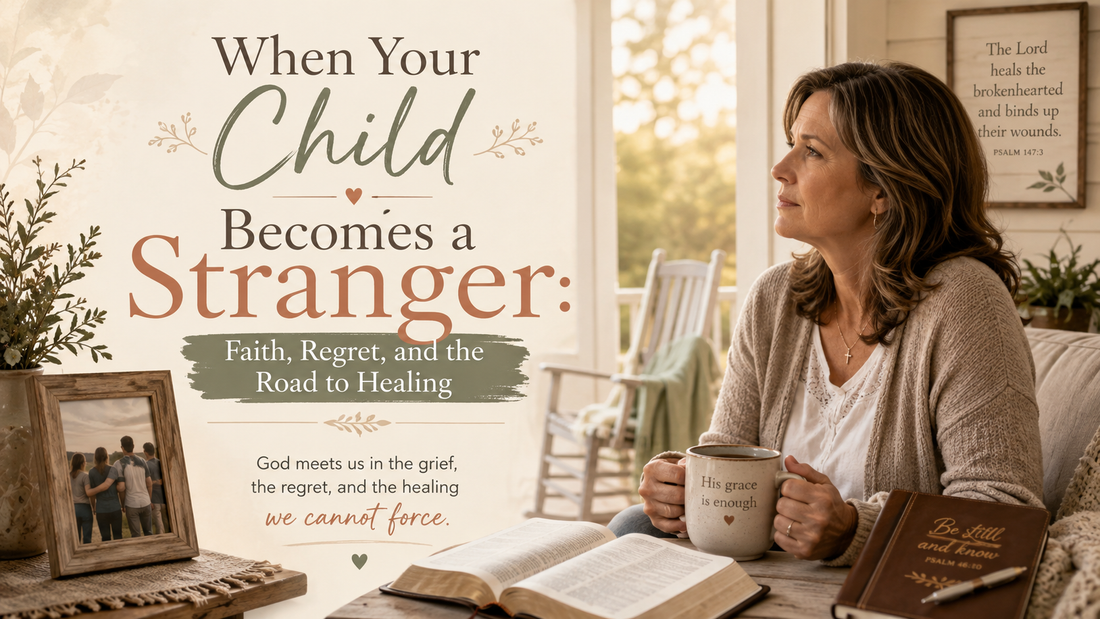 Mother sitting beside an open Bible and family photo, reflecting on grief, regret, faith, and healing through estrangement from an adult child.