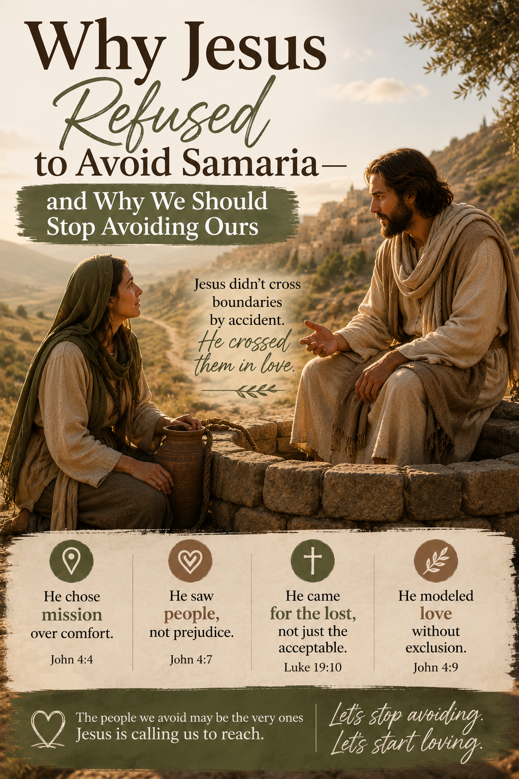 Jesus speaking with the Samaritan woman beside a well, illustrating John 4 and His example of crossing cultural boundaries with truth, compassion, and love.