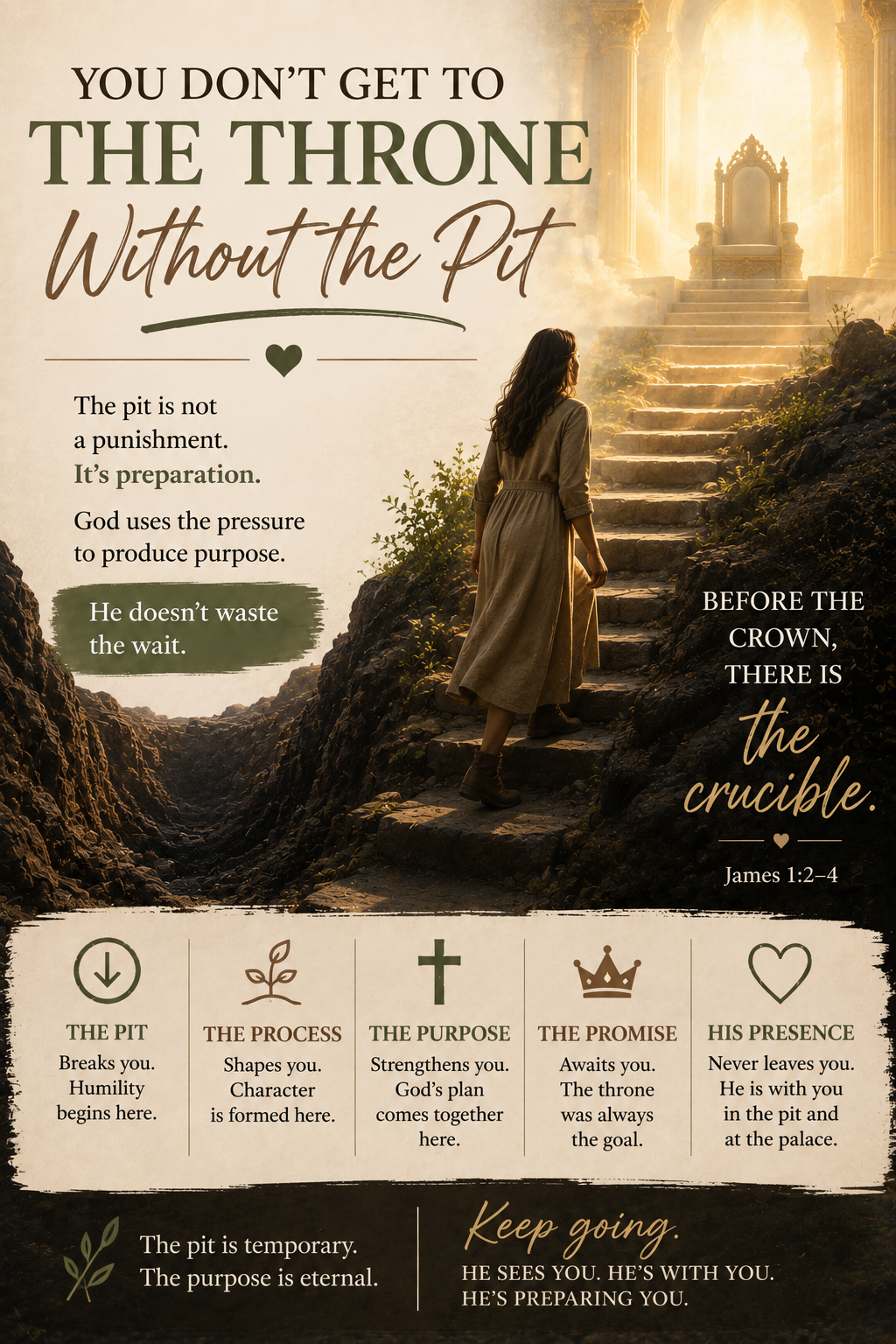 Woman climbing from a dark pit toward a brightly lit throne, symbolizing how God uses hardship, waiting, and perseverance to prepare us for purpose.