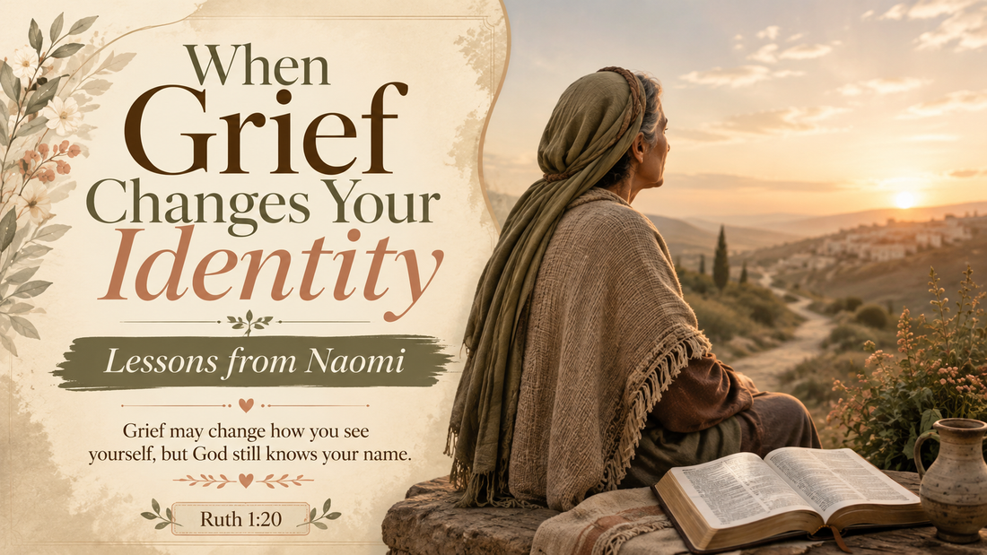 Naomi looking toward the horizon beside an open Bible, symbolizing how grief can reshape identity while God remains faithful through loss, change, and restoration.