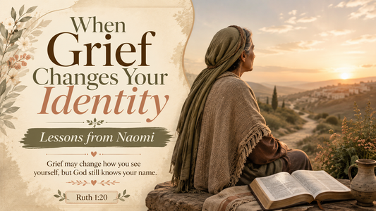 Naomi looking toward the horizon beside an open Bible, symbolizing how grief can reshape identity while God remains faithful through loss, change, and restoration.