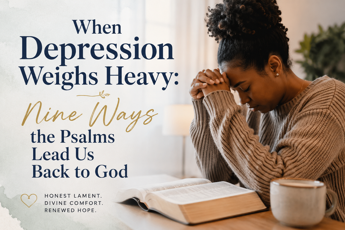 Woman praying beside an open Bible, illustrating how the Psalms offer honest lament, comfort, and hope when depression feels heavy.