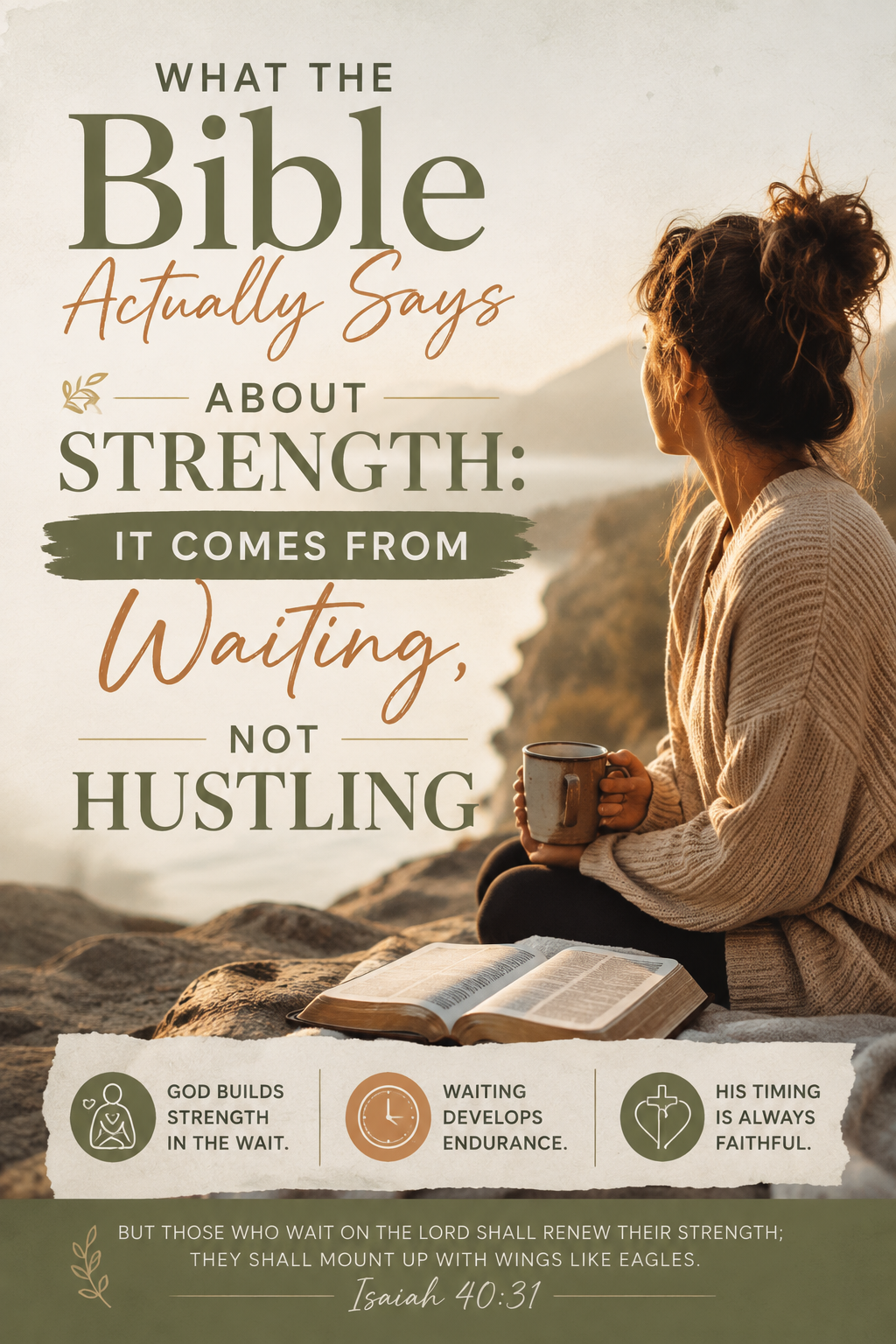 Woman sitting quietly beside an open Bible overlooking the water, illustrating Isaiah 40:31 and the biblical truth that strength is renewed through waiting on God rather than constant striving.
