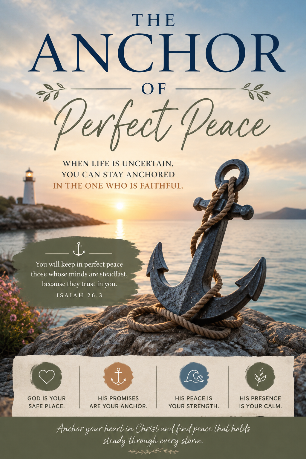 Anchor resting on rocks beside calm water at sunrise with a lighthouse in the distance, symbolizing God’s perfect peace, faithfulness, and steady presence in uncertain seasons.