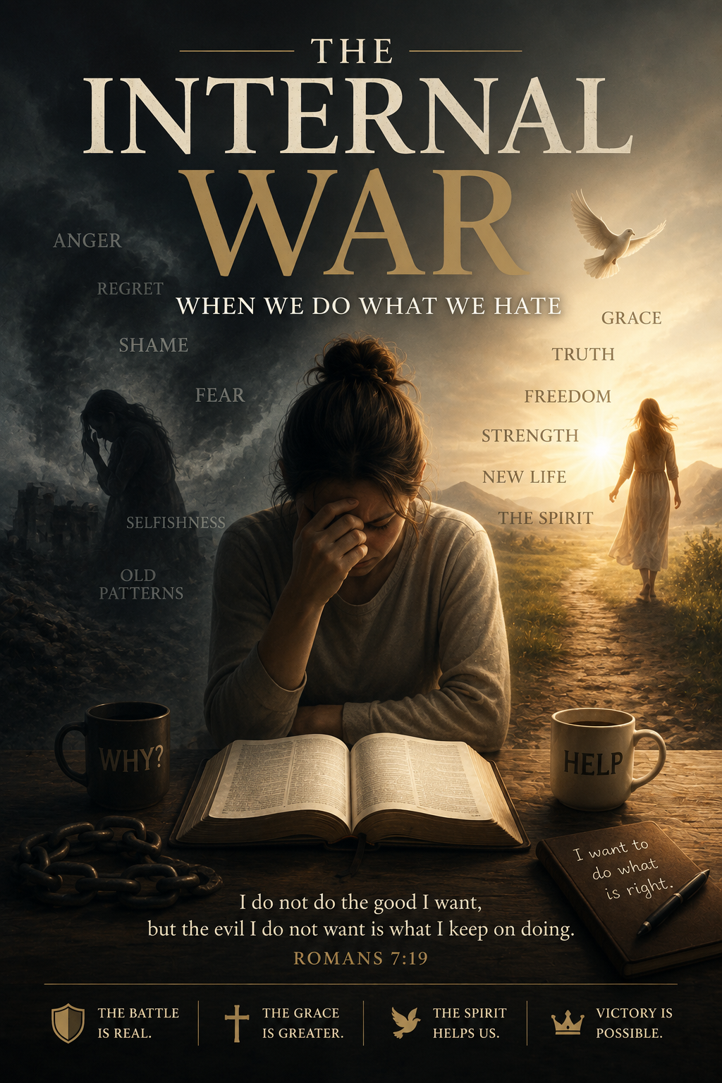 Woman sitting before an open Bible between darkness and light, illustrating the inner struggle with sin, shame, and old patterns described in Romans 7:19 and the hope of grace and spiritual freedom.
