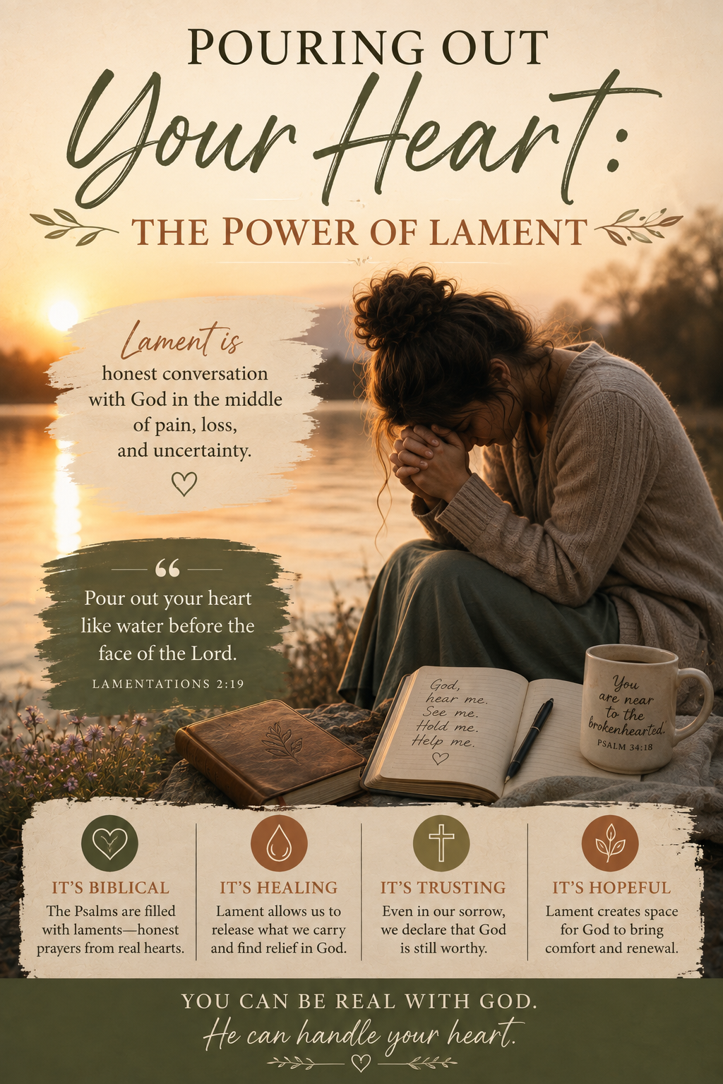 Woman praying beside an open Bible and journal at sunset, illustrating biblical lament, honest prayer, grief, and bringing a hurting heart to God.
