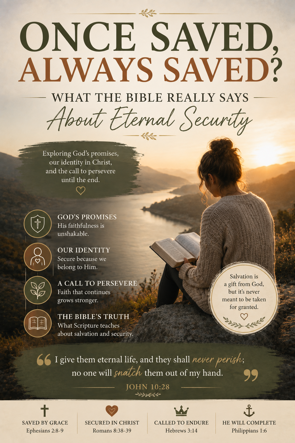 Woman reading an open Bible at sunset, illustrating biblical teaching on eternal security, salvation by grace, perseverance, and being secure in Christ.