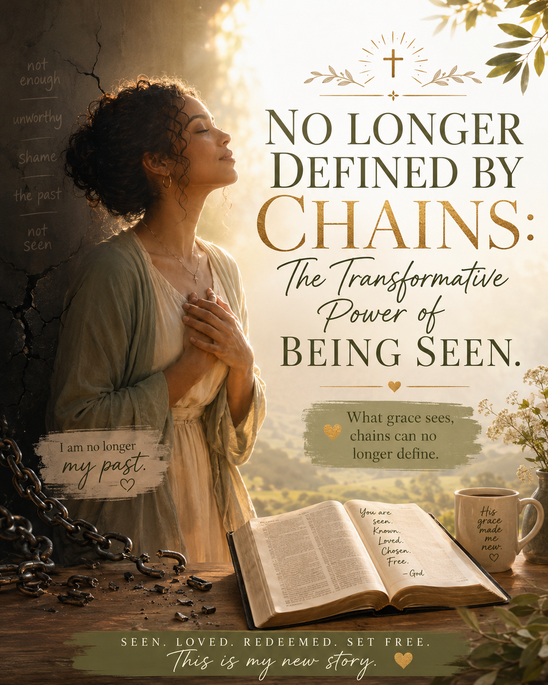Woman standing in warm light beside broken chains and an open Bible, symbolizing freedom from shame, healing from the past, and being fully seen and redeemed by God.