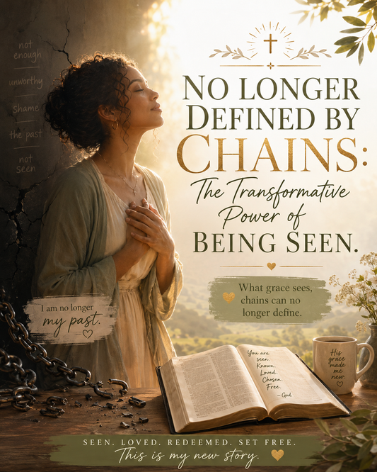 Woman standing in warm light beside broken chains and an open Bible, symbolizing freedom from shame, healing from the past, and being fully seen and redeemed by God.