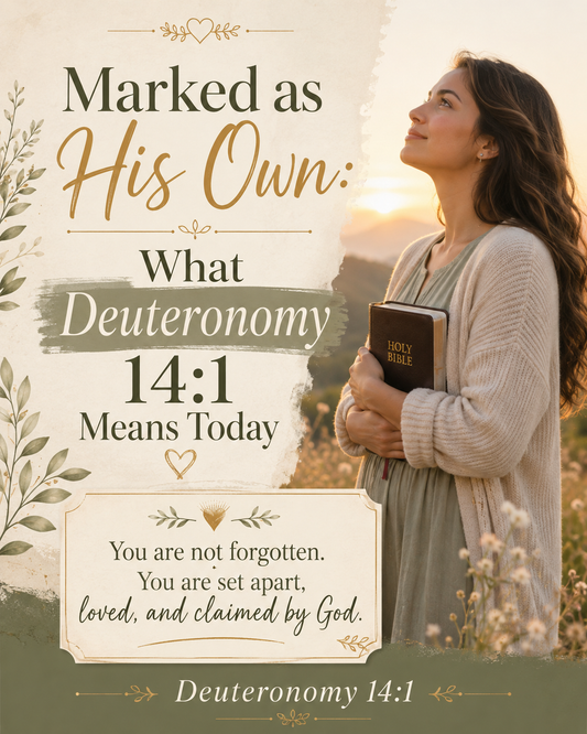 Woman holding a Bible at sunrise, illustrating Deuteronomy 14:1 and the biblical truth that God’s people are set apart, loved, and called His own.