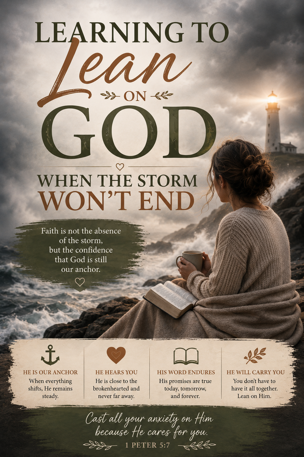 Woman sitting beside an open Bible overlooking stormy water and a lighthouse, symbolizing trusting God’s steady presence when difficult seasons do not end quickly.