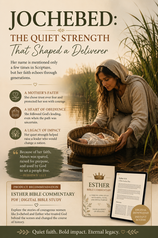 Jochebed placing baby Moses in a woven basket among the reeds, illustrating her courageous faith, obedience, and trust in God’s protection.
