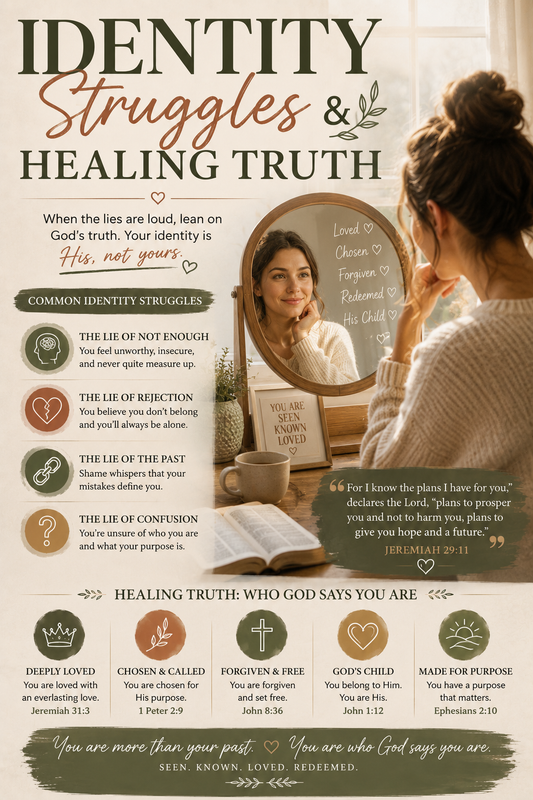 Woman looking into a mirror beside an open Bible, reflecting on identity, rejection, shame, and the healing truth of who God says she is.
