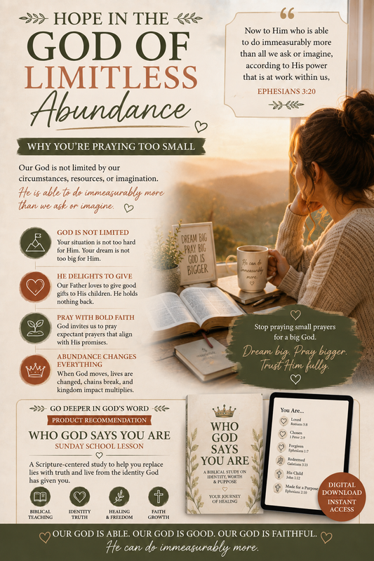 Woman sitting beside an open Bible at sunrise, reflecting on Ephesians 3:20 and trusting God’s limitless power, abundant goodness, and ability to do immeasurably more.