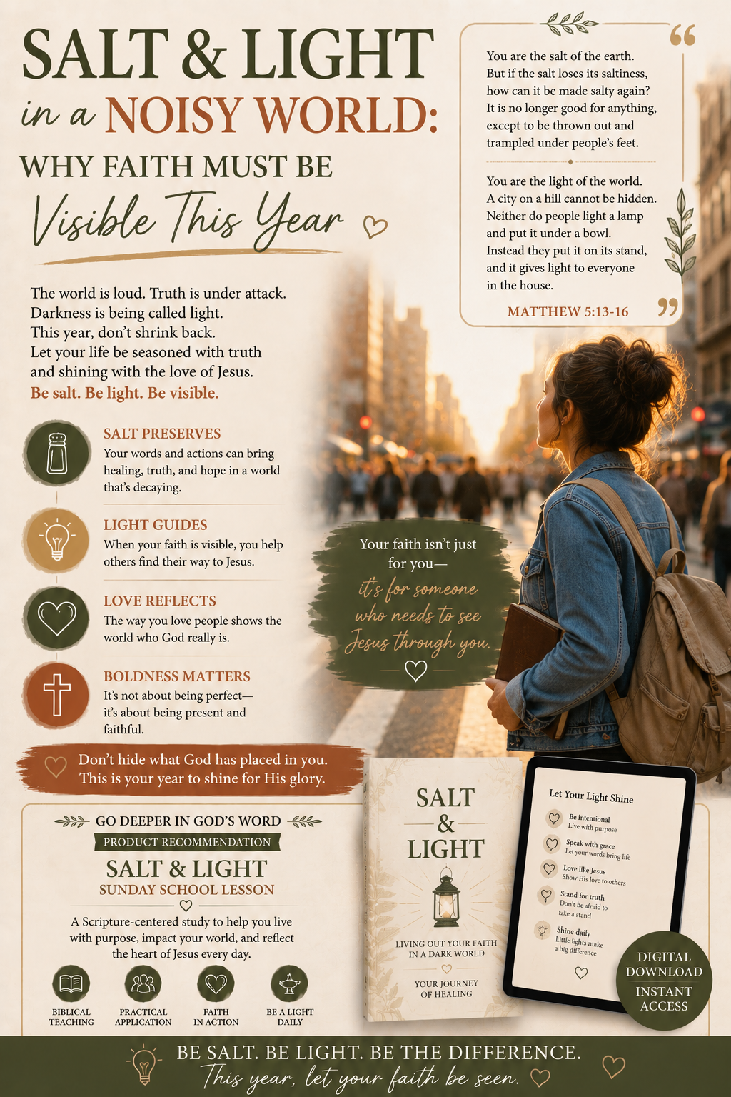 Woman holding a Bible in a busy city at sunset, illustrating Jesus’ call in Matthew 5:13–16 to live visibly as salt and light in the world.