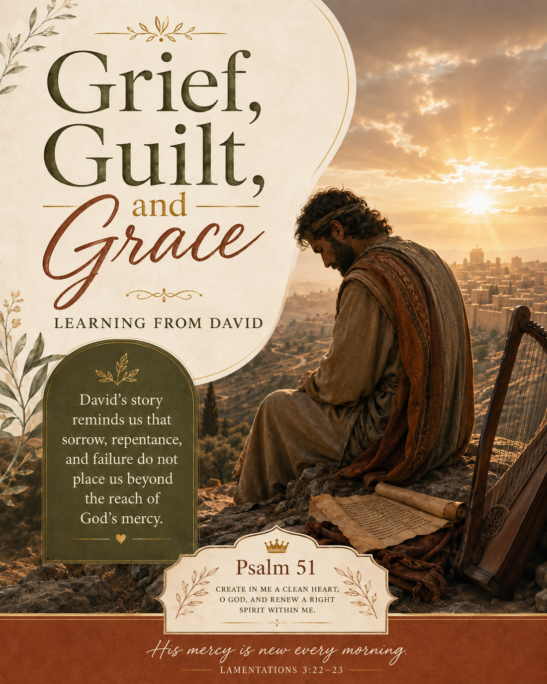Biblical depiction of David grieving beside a harp and Scripture at sunset, illustrating guilt, repentance, grace, and God’s mercy in Psalm 51.