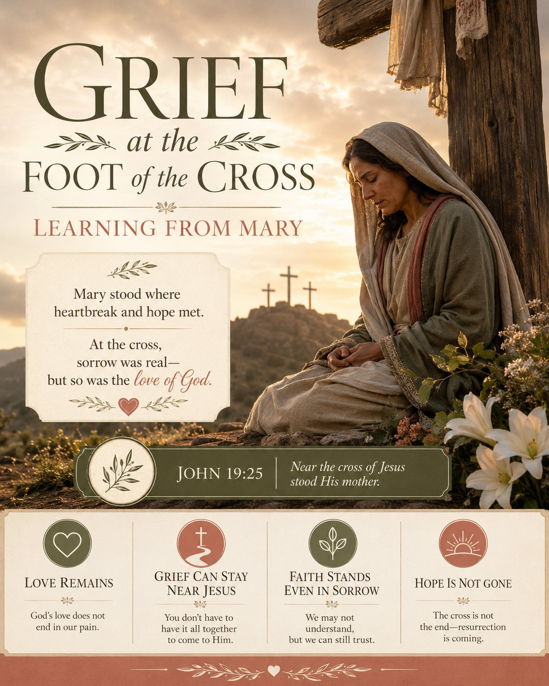 Mary sitting near the cross in sorrow, illustrating John 19:25 and the themes of grief, faith, love, and hope in the presence of Jesus.