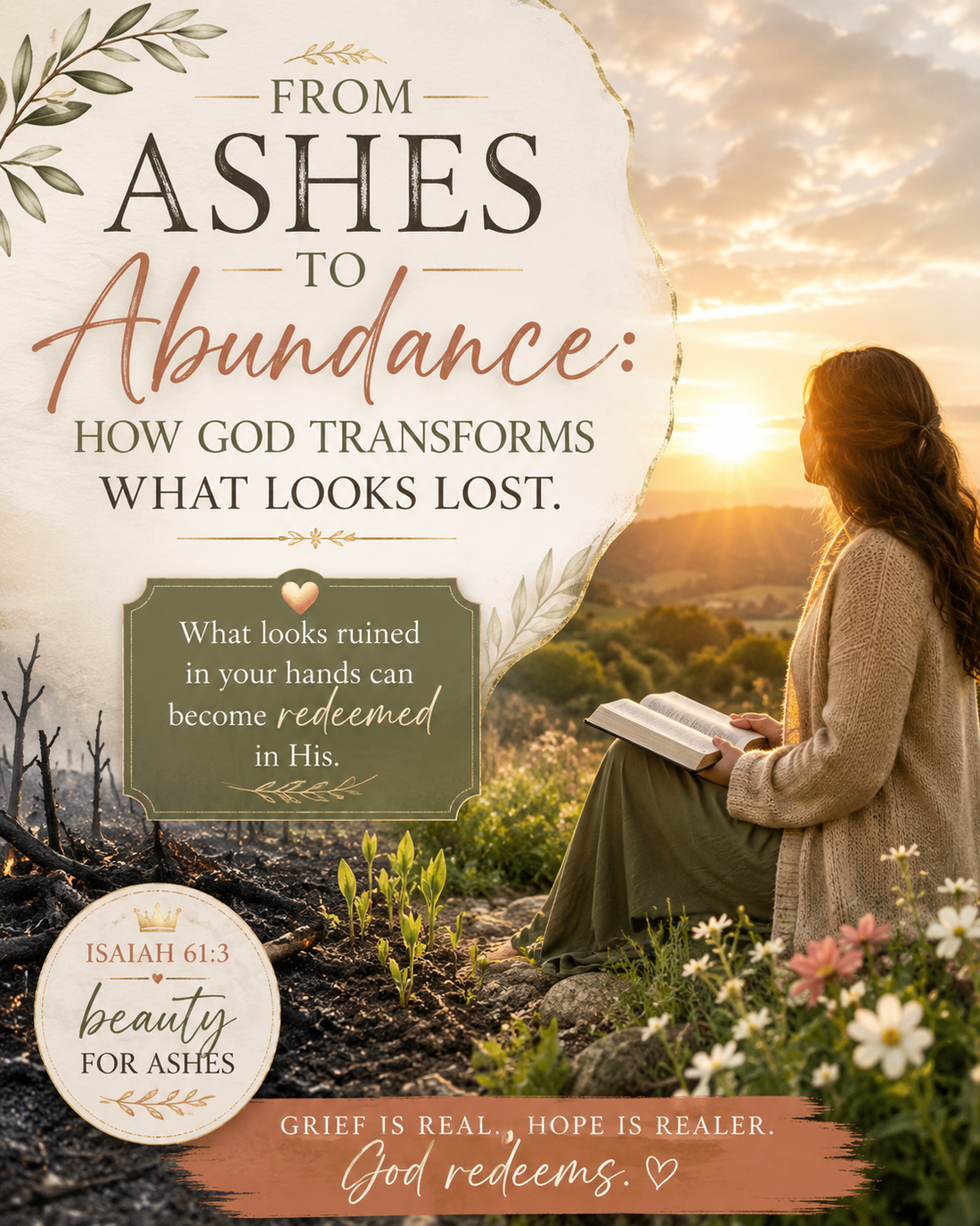Woman reading a Bible beside scorched ground and new growth at sunrise, illustrating Isaiah 61:3 and God’s power to bring beauty, restoration, and hope from loss.
