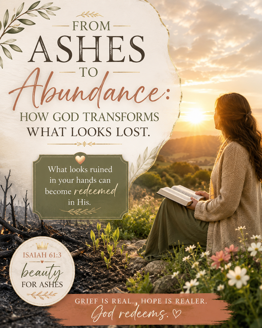 Woman reading a Bible beside scorched ground and new growth at sunrise, illustrating Isaiah 61:3 and God’s power to bring beauty, restoration, and hope from loss.