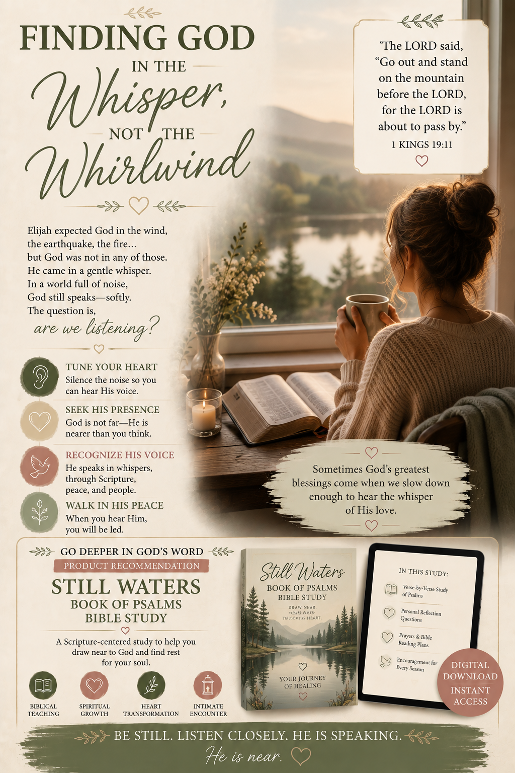 Woman sitting beside an open Bible and candle overlooking a peaceful lake, illustrating Elijah hearing God in a gentle whisper in 1 Kings 19.