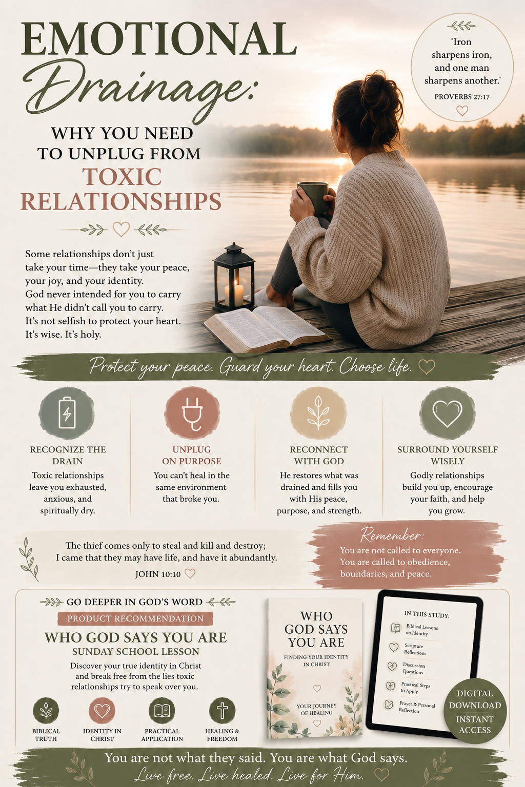 Woman sitting beside an open Bible by a peaceful lake, reflecting on emotional exhaustion, healthy boundaries, toxic relationships, and finding peace with God.