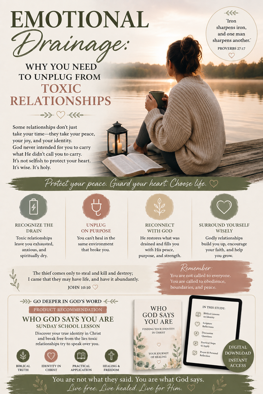 Woman sitting beside an open Bible by a peaceful lake, reflecting on emotional exhaustion, healthy boundaries, toxic relationships, and finding peace with God.