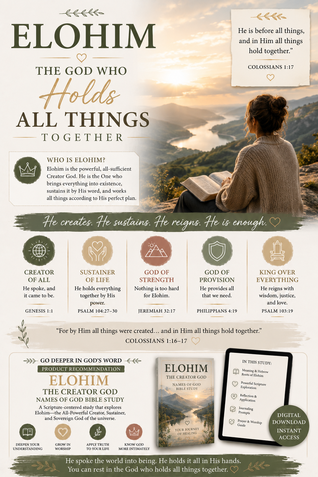 Woman reading an open Bible overlooking mountains and water at sunrise, illustrating Elohim as Creator, Sustainer, Provider, and the God who holds all things together.