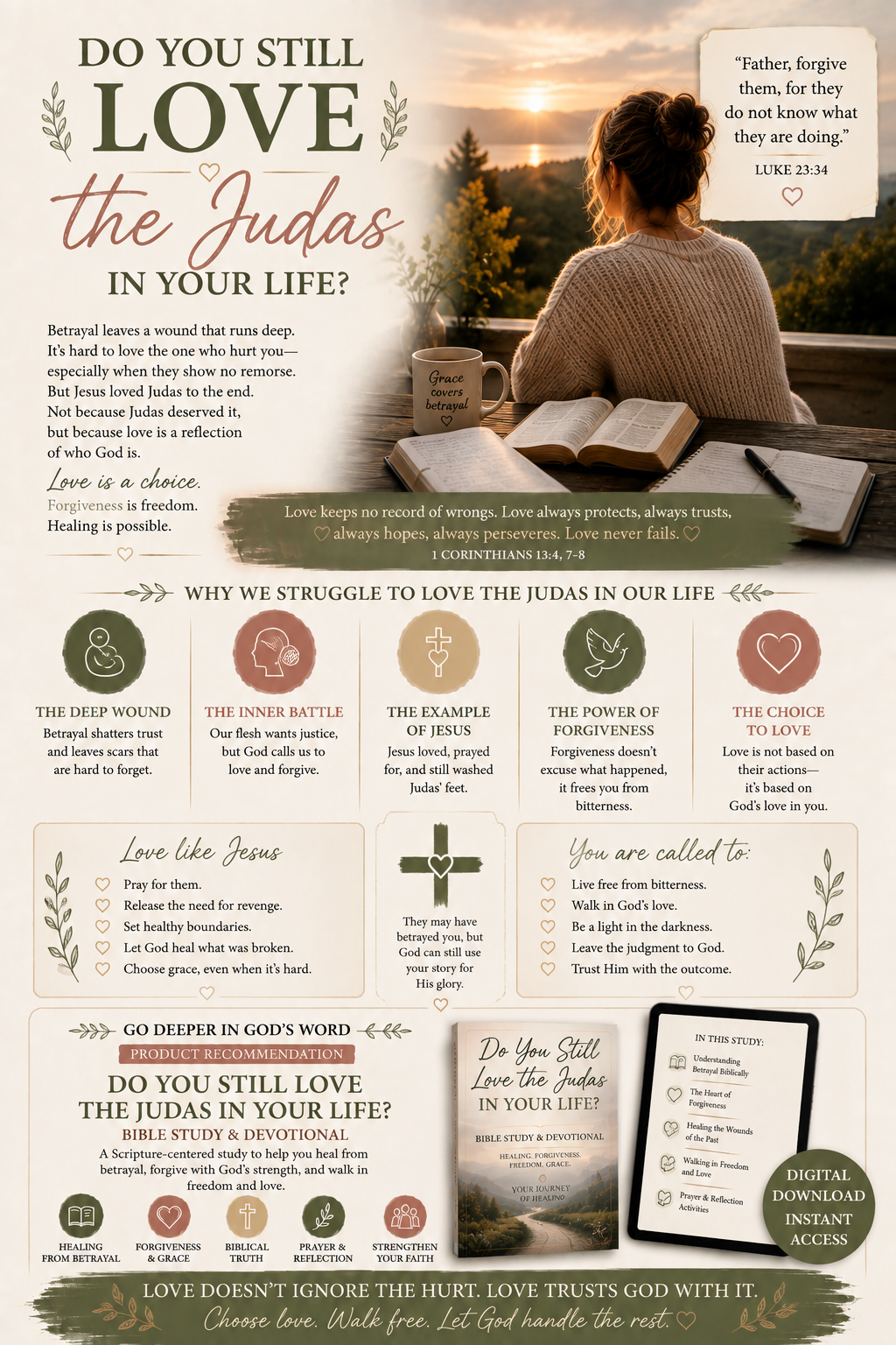 Woman sitting beside an open Bible at sunset, reflecting on betrayal, forgiveness, healthy boundaries, and choosing to love with the grace of Jesus.