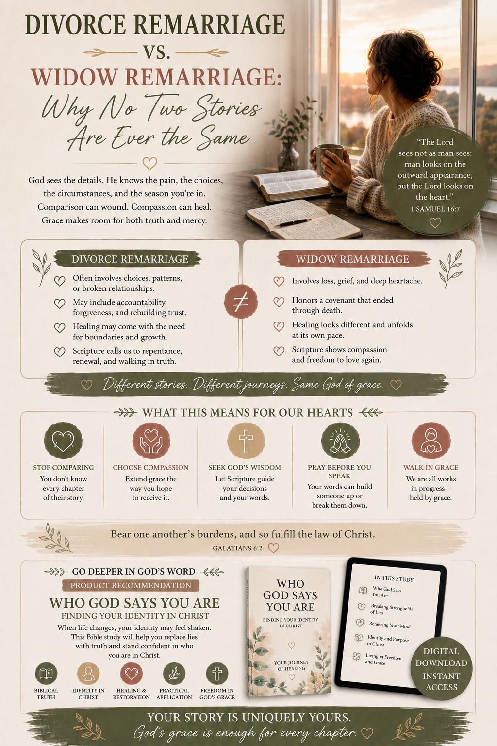 Woman reflecting beside an open Bible and journal, illustrating the different emotional and spiritual journeys of remarriage after divorce and remarriage after widowhood.