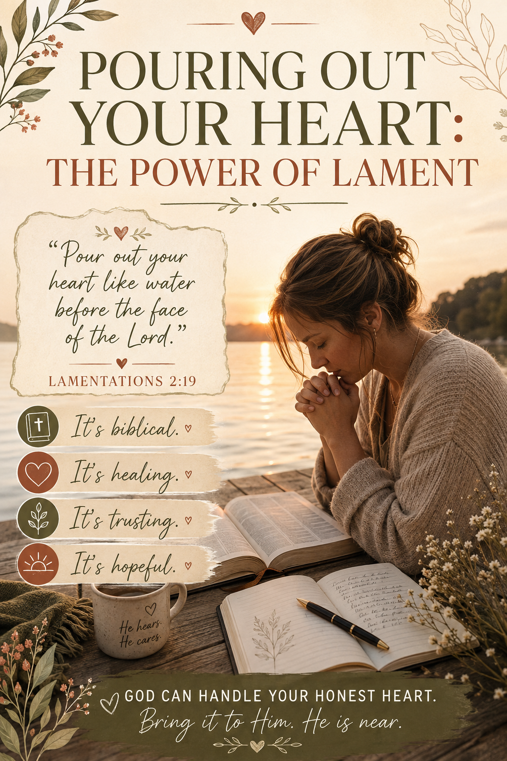 Woman praying beside an open Bible and journal at sunset, illustrating biblical lament, honest prayer, grief, and bringing a hurting heart to God.