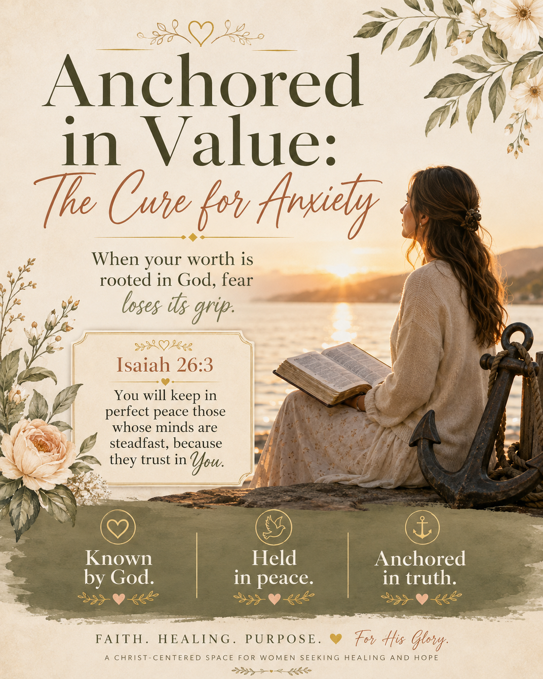 Woman reading an open Bible beside the water at sunset with an anchor nearby, illustrating anxiety, God-given worth, trust, and perfect peace from Isaiah 26:3.