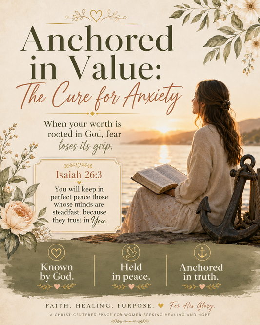 Woman reading an open Bible beside the water at sunset with an anchor nearby, illustrating anxiety, God-given worth, trust, and perfect peace from Isaiah 26:3.