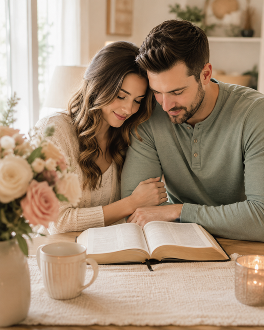 Christian married couple reading the Bible together at home, illustrating love, faith, respect, and a Christ-centered marriage.