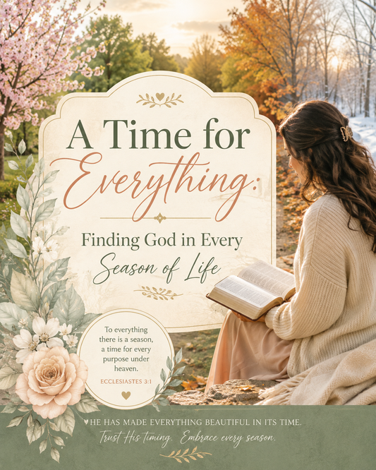 Woman reading an open Bible surrounded by spring, summer, autumn, and winter scenery, illustrating Ecclesiastes 3 and trusting God through every season of life.