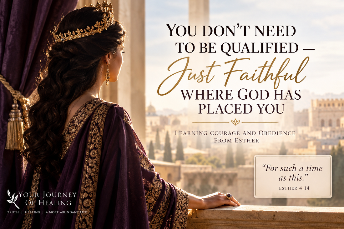 Queen Esther overlooking the city with the words You Don’t Need to Be Qualified—Just Faithful Where God Has Placed You, inspired by Esther 4:14.